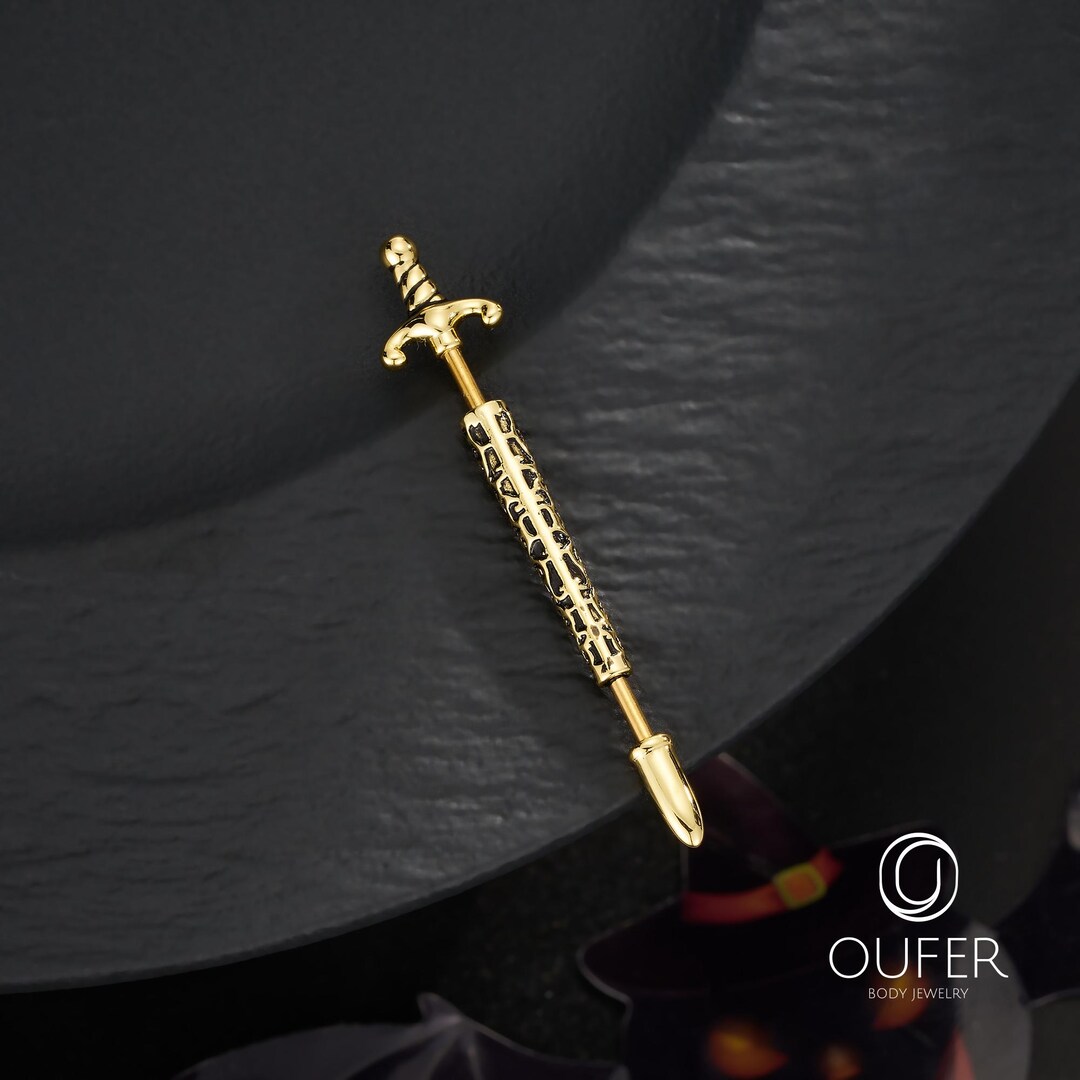 Halloween Dagger Industrial Barbell – 14G 38mm Long Bar in Gold