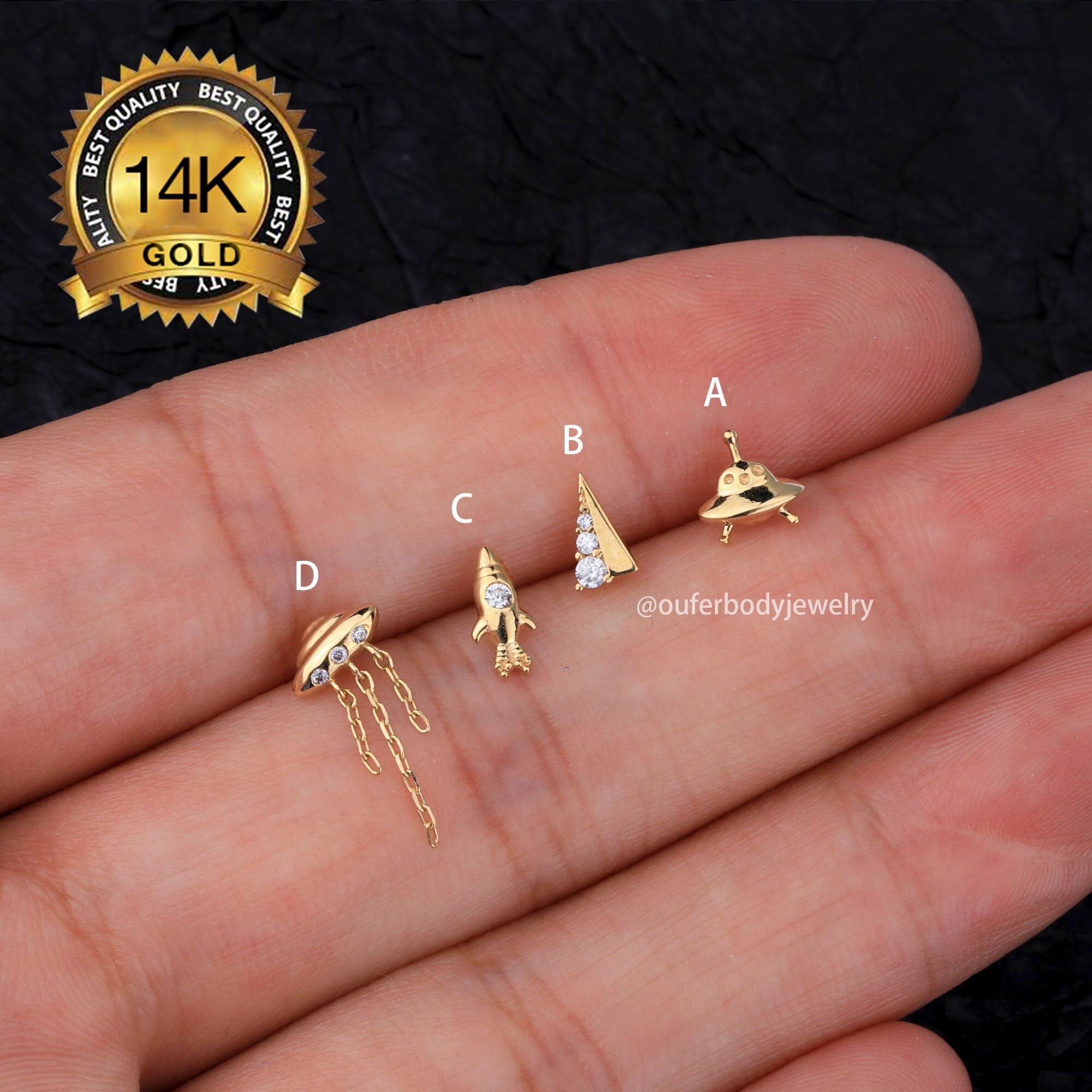 Star Moon 14K Solid Gold Stud Earrings, Celestial Flatback Pushback Studs,  Cartilage Helix Tragus Lobe Lip Eyebrow Piercing 