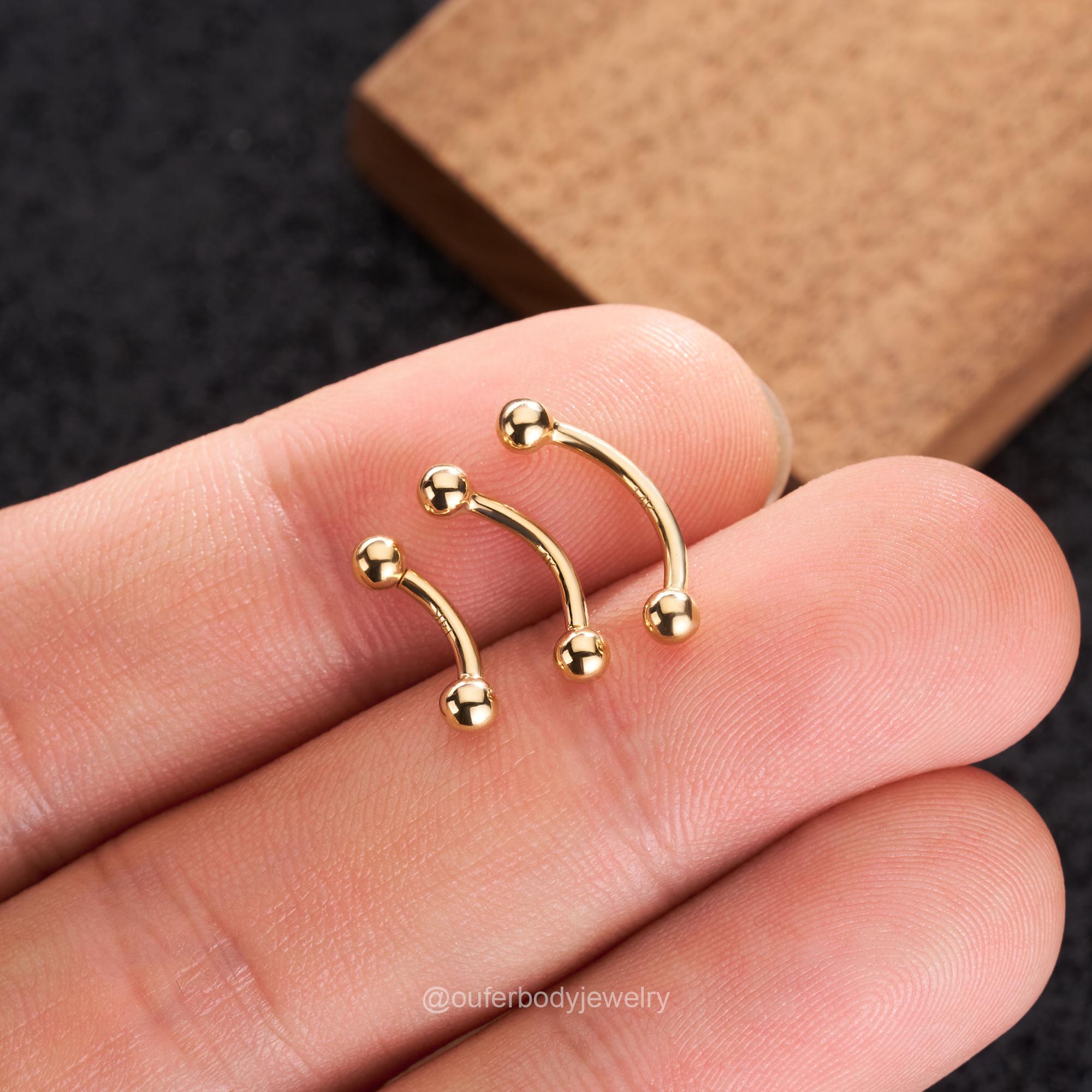 14K Solid Gold Plain Ball Ends Curved Barbell/16g Rook Earring