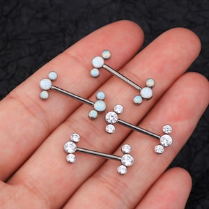 2Pcs 14G Implant Grade Titanium Internally Threaded Nipple Barbells/ Nipple Piercing/ Nipple Jewelry/Nipple Barbells/ White Opal Or CZ  Gems