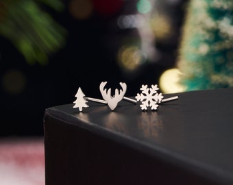 3pcs 20G Christmas L Shape Silver Nose Stud/Steel Flat Nose Ring/Tree Deer Snow Nose Jewelry/Nose Piercing/Straight Stud/Tiny Nose Stud/Gift