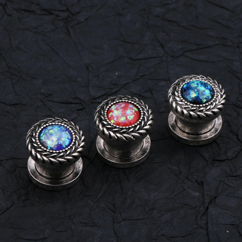 Burnished Olive Branch Ear Plugs GreenBlue PurpleOpal Stainless Steel Screw Fit Ear Expander