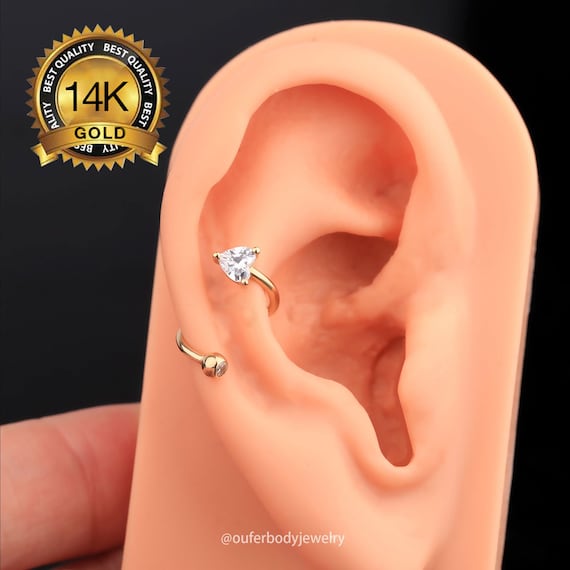 14K Solid Gold Heart Spiral Helix Earring 16g Twisted Cartilage