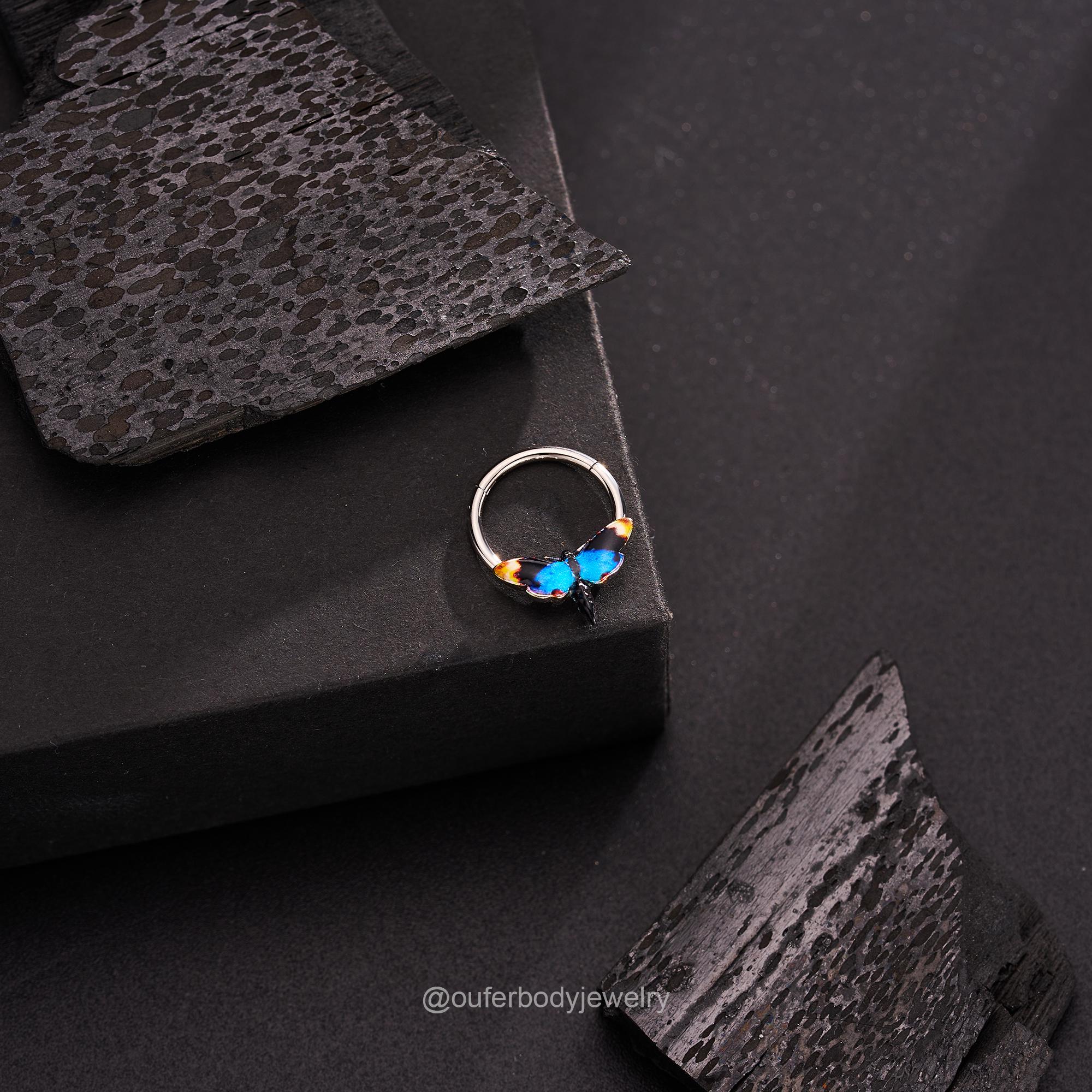 16G Blue/Yellow Moth Hinged Segment Septum Ring/Septum Clicker/Cartilage Hoop/Daith Earring/Helix/Conch/Tragus Hoop/Wings Jewelry Halloween