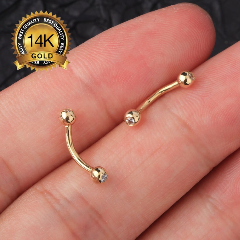 thumbnail image 2 of 14K Solid Gold CZ Curve Barbell - Eyebrow Lip Rook Daith Snug Piercing 16G 2 of 4