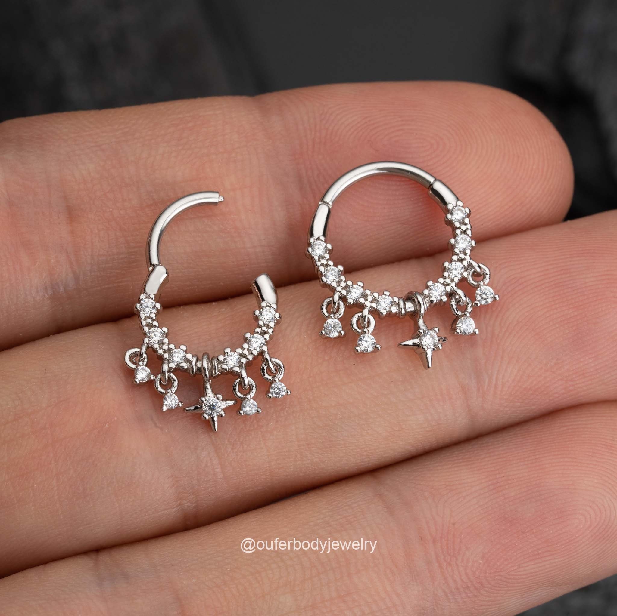 イヤリング4個 16G Sparkly Dangle CZ Septum Ring/Star Septum Jewelry/Silver Daith