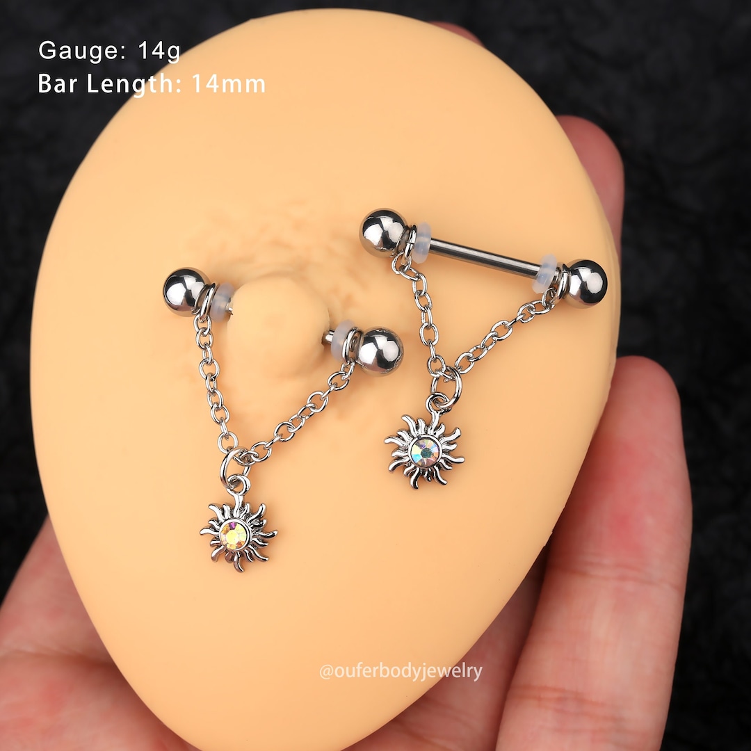 14 Gauge 9/16 Blue CZ Gem Heart of Dragon Dangle Nipple Ring Set