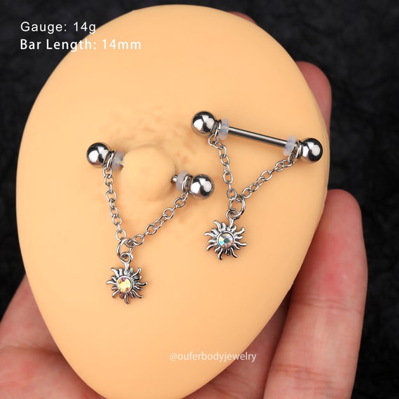 14G CZ Sun Chain Dangle Nipple Ring/nipple Jewelry/nipple Barbell/nipple  Piercing/sexy Body Jewelry/barbell Piercing/gift for Her/minimalist 