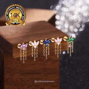 Clou labret sans filetage couronne en or massif 14 carats | Boucle d'oreille CZ multicolore pour piercings cartilagineux, lambi, hélice, tragus, lobe et nez