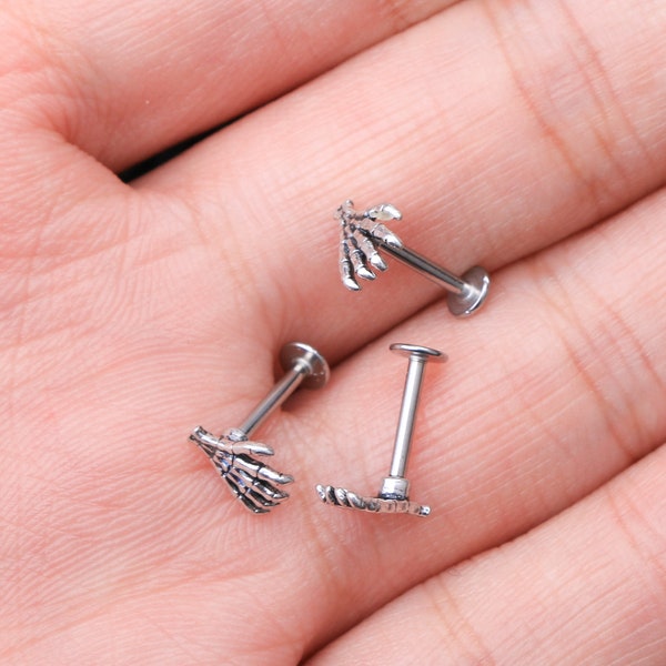 16g Skeleton Silver Skull Hand Lip Cartilage Ear Cuff  Ring/ Labret/ Tragus/ Helix Body Jewelry