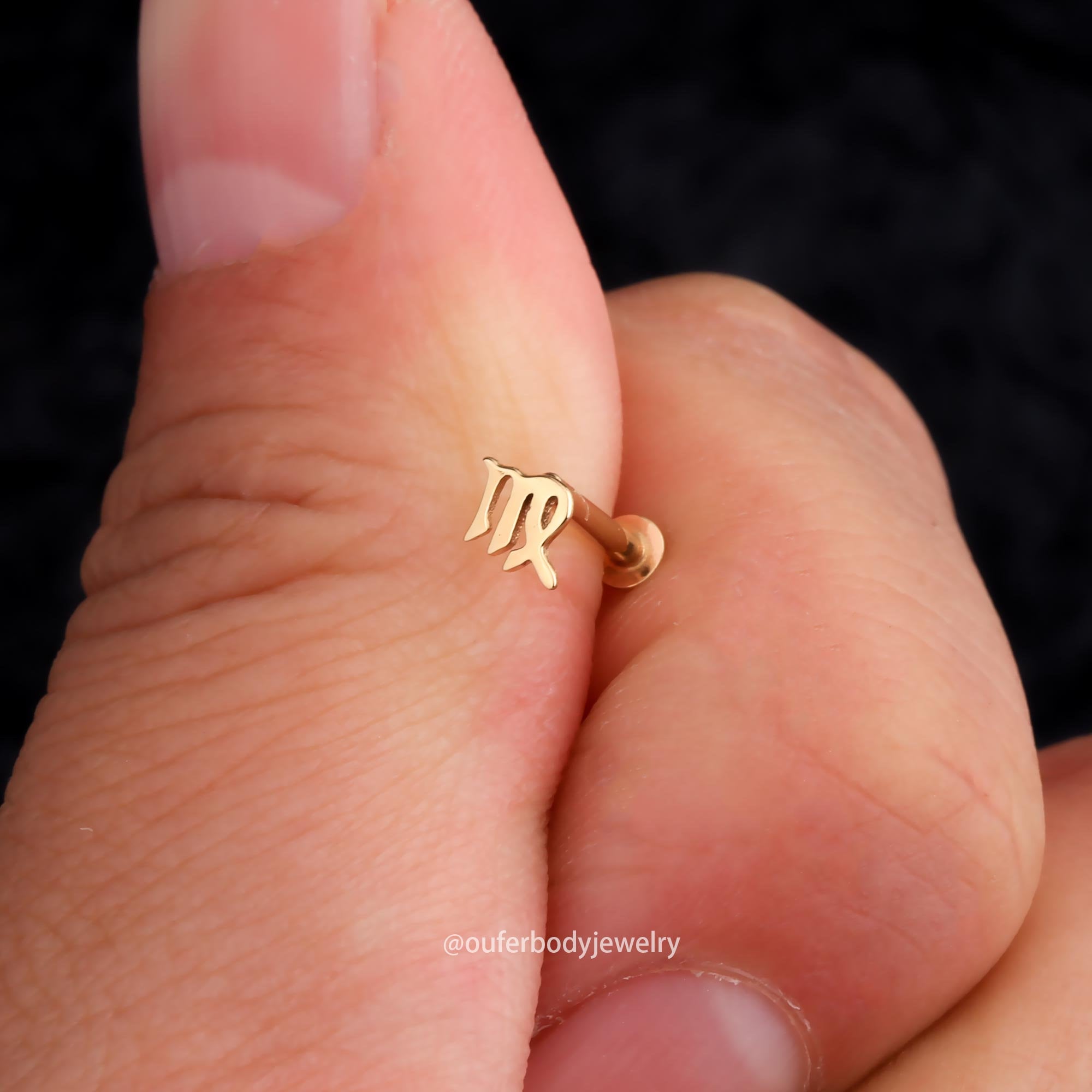 14K Solid Gold Threadless Zodiac Sign Tops/Push-In Labret/12 Constellation Zodiac Stud Earrings/Cartilage/Tragus/Helix/Conch/Earlobe Studs