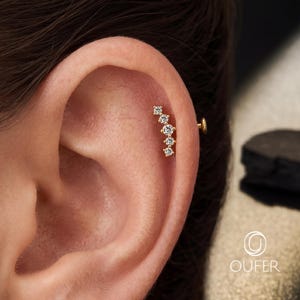 16G CZ Vertical Helix Earring, 5 Stone Hidden Helix Stud, Internally Threaded Flat Back Cartilage Earring, 6mm