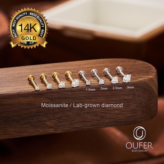 14K Solid Gold Lab-Grown Diamond/Moissanite Flat Back Stud – THREADLESS Earring, VVS, D-E Color, 16G/18G/20G 5-10mm
