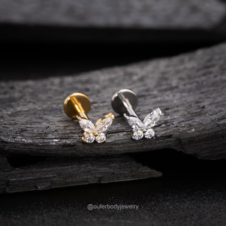 16G 18G Threadless Butterfly Push-In Labret/Tragus/Cartilage/Conch/Forward Helix Stud/Nose Piercing/Push Pin Flat Back Earring Silver Gold zdjęcie 1