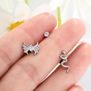 16G Titanium Butterfly/Snake CZ Stud Earring/Wings Earring/Prong CZ Studs/Cartilage Stud/Helix Stud/Tragus Stud/Conch Stud/Flat Back Labret