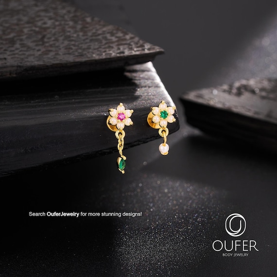 16G 6/8mm Gold Pearl Floral Push Pin Stud–Threadless Flower dangle earring/Flat Back Labret Piercing/Helix/Tragus/Conch/Nose Stud with Charm