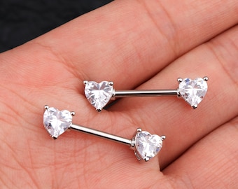 1Pair 14g CZ Double heart Nipple rings/Nipple Barbells/ Nipple Jewelry/Barbell Jewelry/ Nipple Piercing/Sexy Body Jewelry/ Barbell Piercings