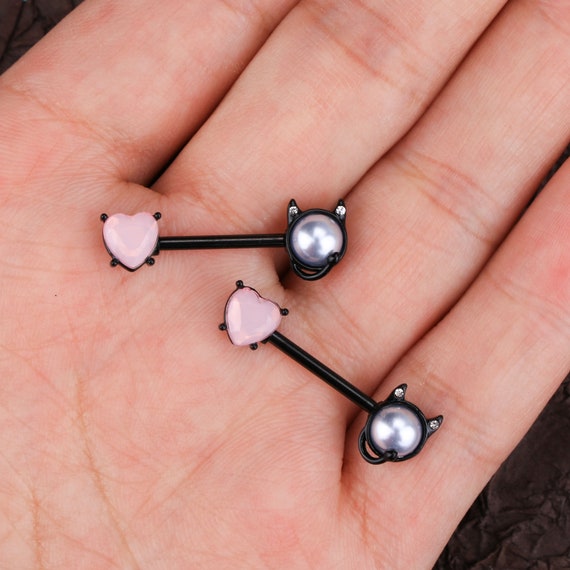 Y2K Bling Pink Hearts Crystals Barbell Nipple Rings Set