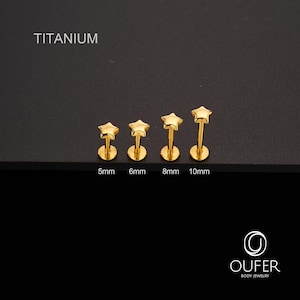 K&ouml;nnte beinhalten: Goldfarbene Lippenpiercing-Stecker in Sternform in den Gr&ouml;&szlig;en 5 mm, 6 mm, 8 mm und 10 mm. Das Wort "TITANIUM" ist &uuml;ber den Steckern aufgedruckt. Die Stecker werden auf schwarzem Hintergrund dargestellt. Der Markenname "OUFER BODY JEWELRY" ist unten aufgedruckt.