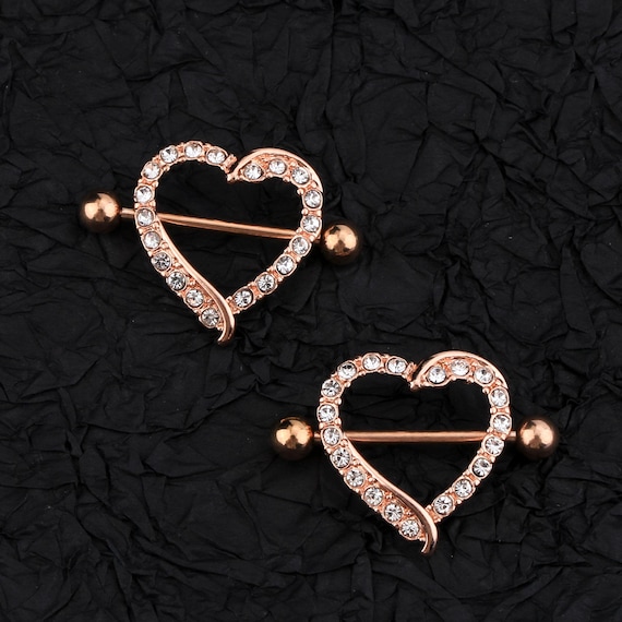 ●JUDY AND PAUL● Lovely ribbon and heart piercing 2pcs 14G Heart CZ Nipple Shields/rose Gold Nipple Ring/heart