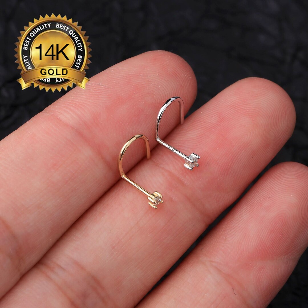 14K Solid Gold Nose Screw/nose Ring Stud/cz Nose Stud/nose Jewelry/nose Piercing 20g 2mm Cubic