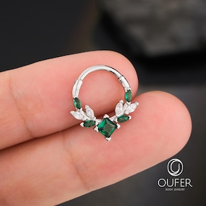 16G Emerald Square CZ Septum Ring/Green CZ Leaf Style Daith Hoop Earring/Cartilage Piercing/Hinged Segment Clicker