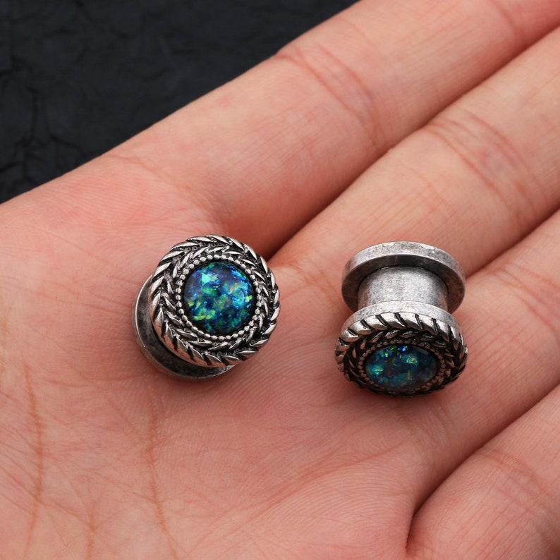 Burnished Olive Branch Ear Plugs GreenBlue PurpleOpal Stainless Steel Screw Fit Ear Expander