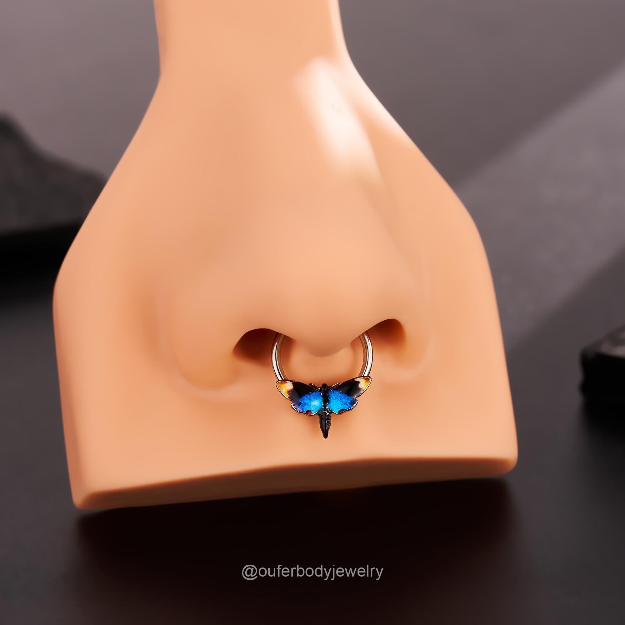16G Blue/Yellow Moth Hinged Segment Septum Ring/Septum Clicker/Cartilage Hoop/Daith Earring/Helix/Conch/Tragus Hoop/Wings Jewelry Halloween
