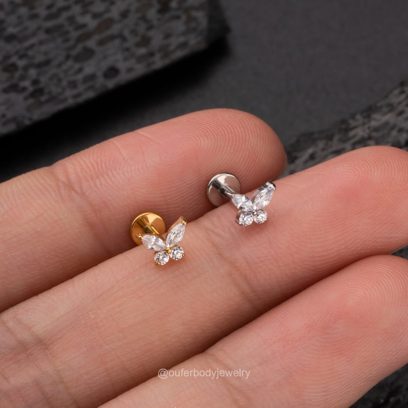 16G 18G Threadless Butterfly Push-In Labret/Tragus/Cartilage/Conch/Forward Helix Stud/Nose Piercing/Push Pin Flat Back Earring Silver Gold zdjęcie 7