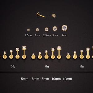 Pendiente de titanio dorado de 20 g, 18 g y 16 g con bisel diminuto de circonitas cúbicas, sin rosca, con parte trasera plana, para nariz, labio, hélix, trago, caracola y lóbulo.