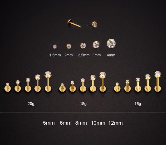 20g/18g/16g Gold Titanium Tiny Bezel CZ Gold Threadless Flat Back Earring/Nose Stud/Push Pin Labret Stud/Helix/Tragus/Conch/Earlobe Earring