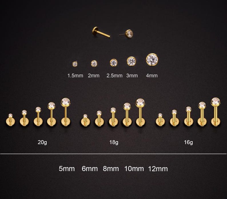 May include: A set of 10 gold body jewelry pieces with clear rhinestones. The jewelry is available in different sizes, ranging from 1.5mm to 12mm, and gauges, including 20g, 18g, and 16g.