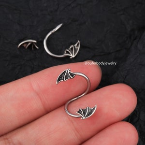 16G Bat Wing Spiral Cartilage Earring/Helix Earring/Halloween Earrings/Conch Earring/Lip Ring/Belly Ring/Cartilage Earring/Spooky Earrings