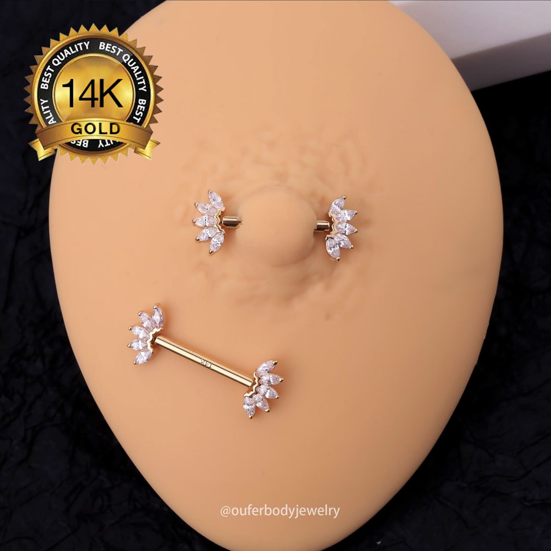 Half Marquise Gold CZ 14G Barbell Nipple Ring - 316L Stainless Steel, 14mm (9/16") Length