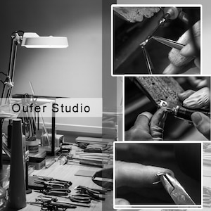 May include: A black and white image of a jewelry studio workspace with tools and a lamp. The text "Oufer Studio" is visible in the image.