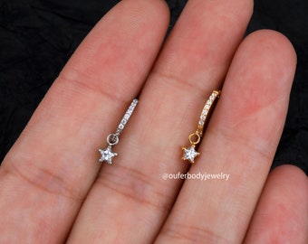 16G CZ Dangle Star Daith Hoop/Cartilage Hoop/Helix Hoop/Huggie Hoop Earring/Tragus Hoop/Cartilage Earrings/Gift For Her/Minimalist Earrings