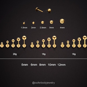 20g/18g/16g Implant Grade Titanium Gold Ball Threadless Push In Labret Stud Earring/Nose/Tragus/Cartilage/Conch/Forward Helix Studs/FlatBack