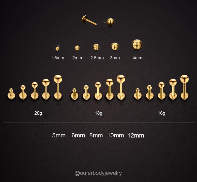 May include: A variety of gold-colored body jewelry, including labret studs and barbell earrings, are displayed on a black background. The jewelry is arranged in rows by size, with the smallest pieces on the left and the largest on the right. The sizes are labeled in millimeters, and the gauges are labeled in millimeters and gauges. The text "@ouferbodyjewelry" is at the bottom of the image.
