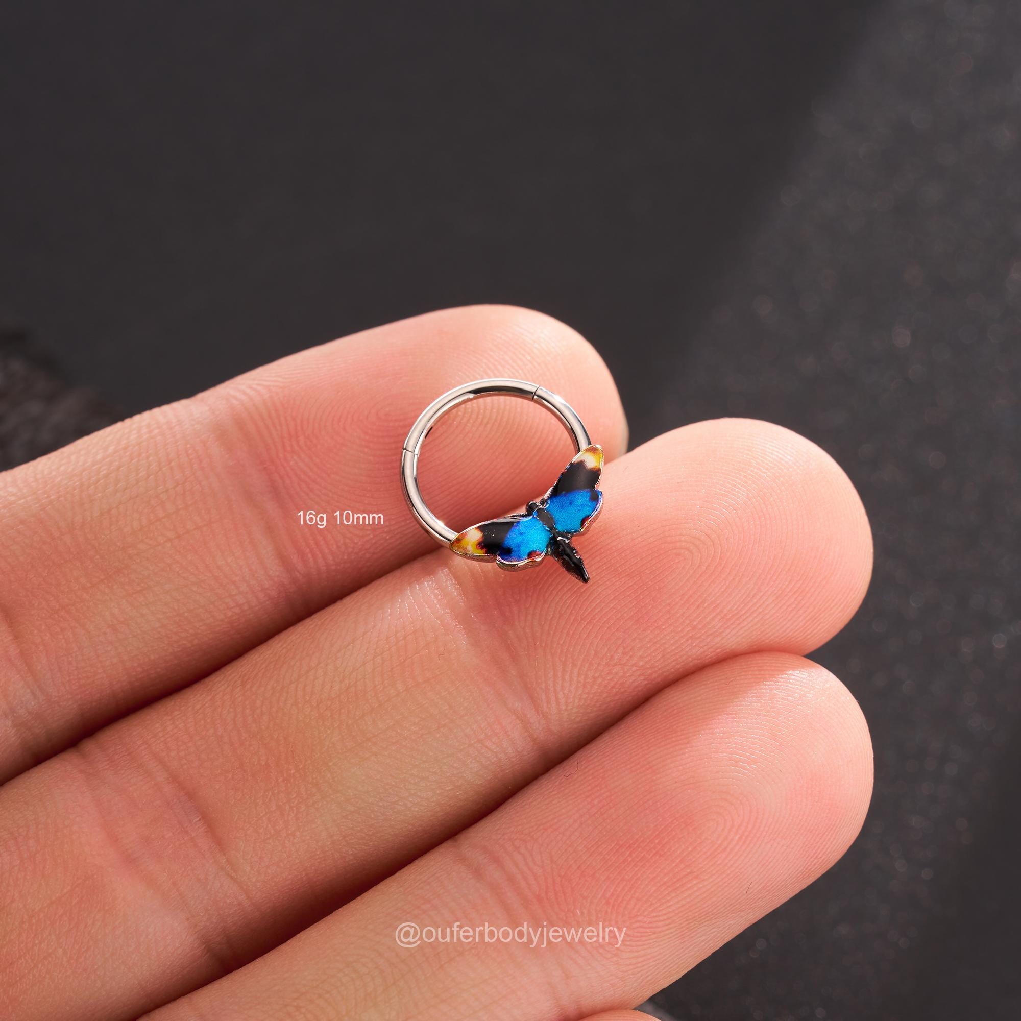 16G Blue/Yellow Moth Hinged Segment Septum Ring/Septum Clicker/Cartilage Hoop/Daith Earring/Helix/Conch/Tragus Hoop/Wings Jewelry Halloween