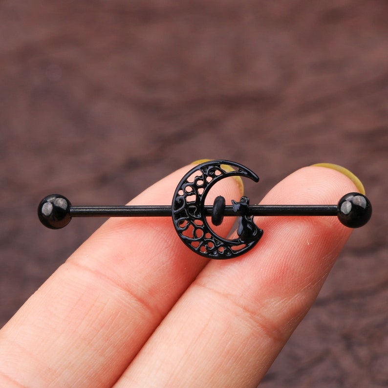 14G Cat & Moon Industrial Barbell/cartilage Earring/industrial Etsy