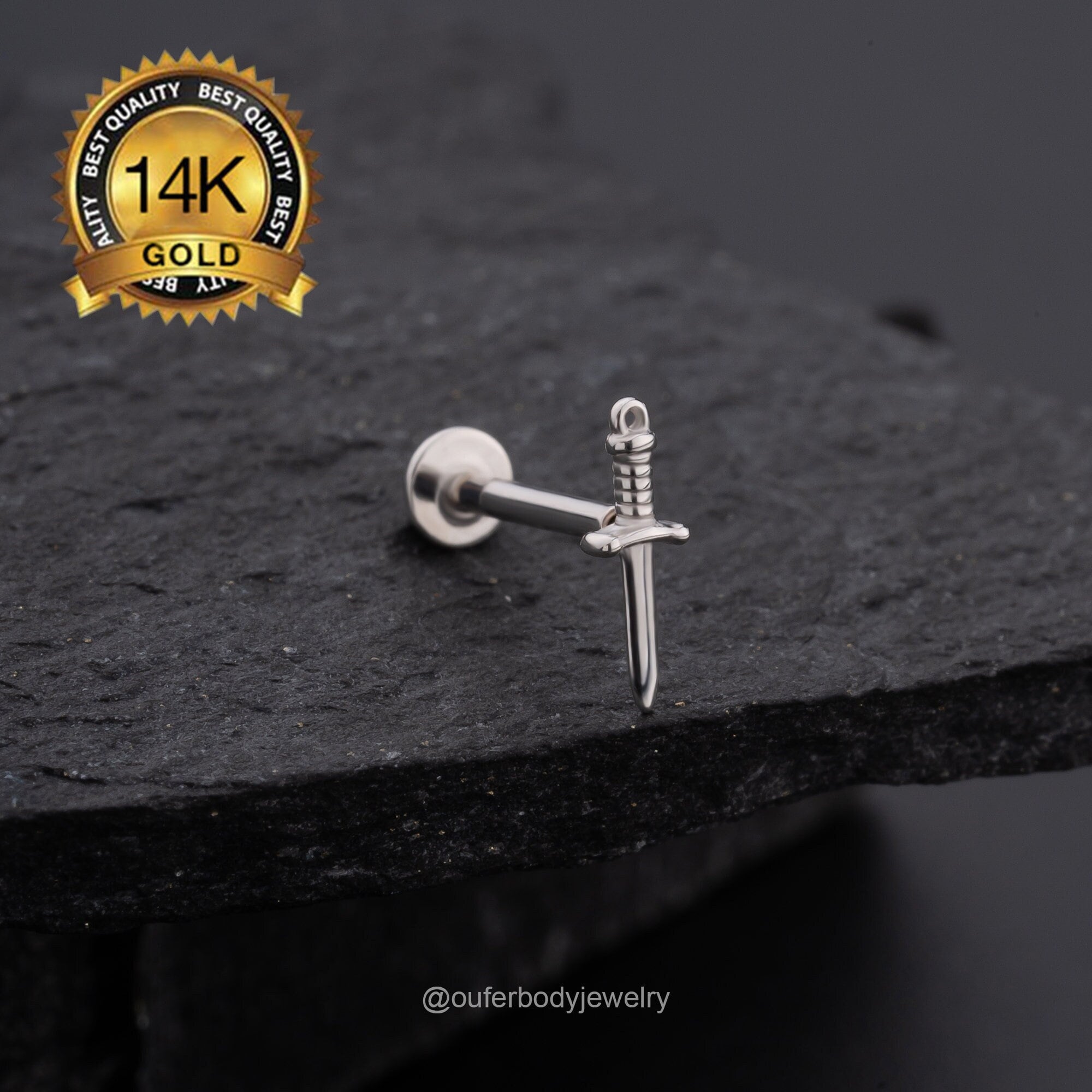 14k White Gold Dagger Threadless Push-in Labret Stud/nose/tragus