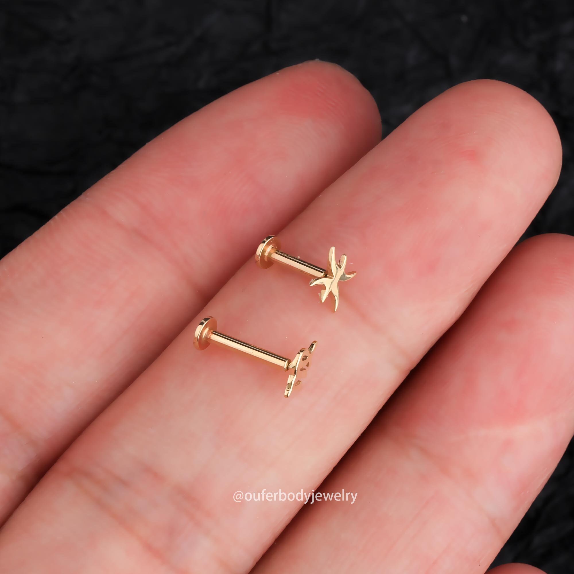 14K Solid Gold Threadless Zodiac Sign Tops/Push-In Labret/12 Constellation Zodiac Stud Earrings/Cartilage/Tragus/Helix/Conch/Earlobe Studs