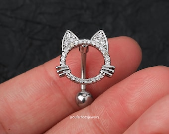 14G 316L Cat Stainless Steel Reverse Belly Ring/CZ Sparkly Belly Piercing/Top Down Reverse Belly Ring/Silver Navel Jewelry/Belly Piercing