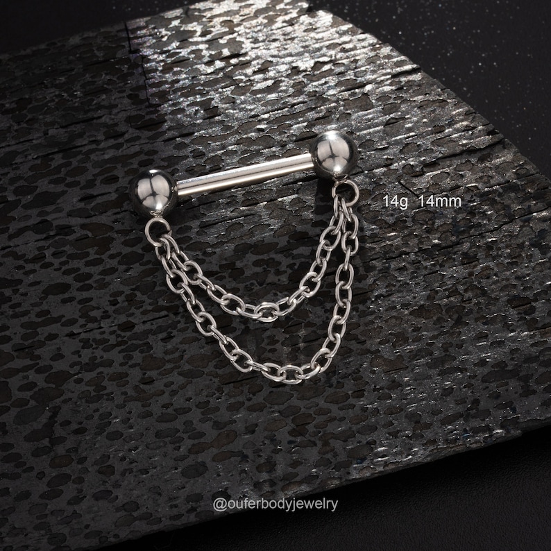 Melighting Piercings Mamelons 14g Avec Chaînes Pendantes Gemme Bleue - Barbell 14mm Acier Chirurgical Pour Femme