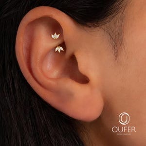 Pode incluir: Dois piercings de orelha em tom dourado com um design de aglomerado de cristais de corte marquise em forma de folha. A joia está posicionada na área da cartilagem superior da orelha, exibindo um acabamento metálico e pedras facetadas claras.