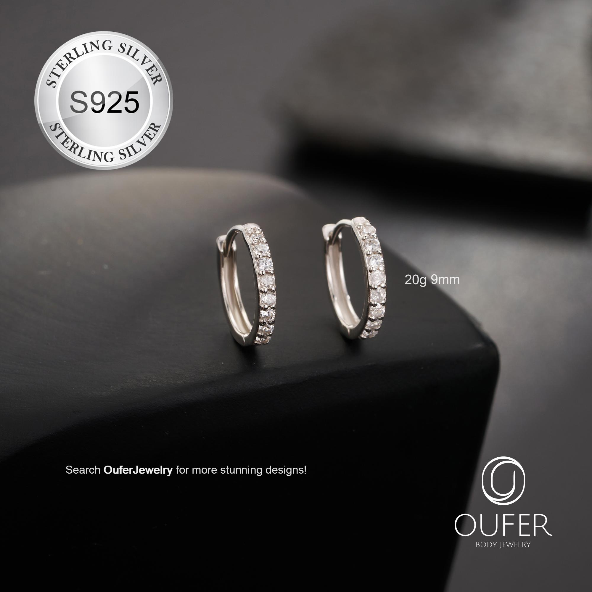 Pair of 925 Sterling Silver CZ Pave Huggie Hoop Earrings | 20G 6