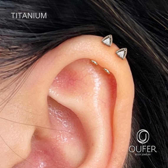 Rabbit Ears TITANIUM  Vertical Helix  Labret Stud, 16G 6mm Implant Grade Titanium Triangle Stud – Helix Piercing, Cartilage Earring