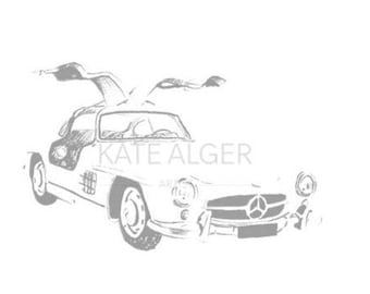 Carte de voeux de voiture classique Mercedes-Benz 300SL Gullwing 1955. Blanc à l'intérieur. Anniversaire artiste automobile sport automobile rétro intemporel