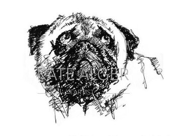 Carte de vœux vierge de carlin coupable. Amoureux des chiens anniversaire drôle mignon sketch fine art nouveau bébé Français bouledogue monochrome fait à la main dessiné fête des mères