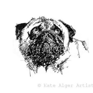 Schnüssige Mops Blanko Grußkarte. Hundeliebhaber Geburtstag lustige süße Skizze Fine Art neues Baby Französische Bulldogge monochrom handgemacht gezeichnet Muttertag